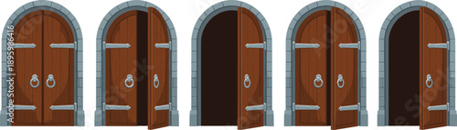 Medieval Wooden Castle Door Set With Open And Closed Stone Arch Entrances Flat Vector Illustration