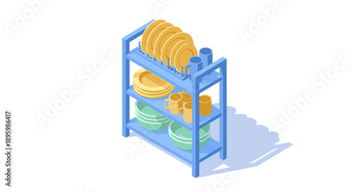 Blue Dish Rack with Clean Dishes.