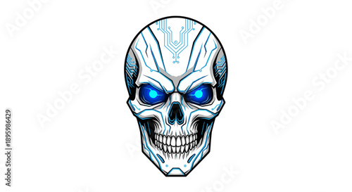 Blue Eyed Skull Illustration with Menacing Expression.