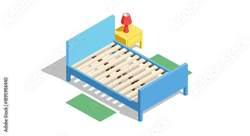 Blue Bed with Nightstand and Lamp.