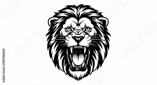 A black and white illustration of a roaring lion's head with a fierce expression on a plain white background.