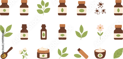 Herbal Medicine And Natural Cosmetic Bottles Set With Leaves Flowers And Organic Ingredients Flat Vector Illustration