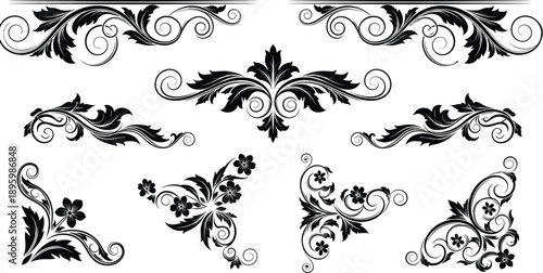 Ornate black floral scroll dividers set, vintage decorative flourish elements for borders, frames, invitations, logos, vector illustration isolated on white background design collection