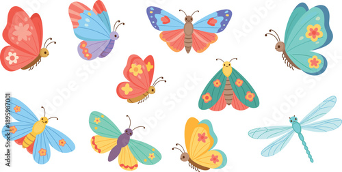 Cute Butterfly And Dragonfly Characters Set With Colorful Wings Spring Nature Cartoon Vector Illustration