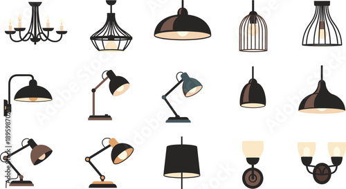 Modern Indoor Lighting Fixtures Set With Ceiling Pendant Table And Wall Lamps Flat Vector Illustration