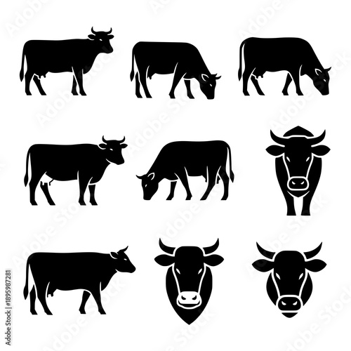 Minimal cow silhouette icon set vector farm animal symbols