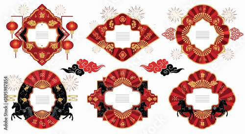 Collection of traditional Chinese New Year decorations with red and gold designs on a white background.