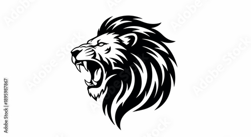A black and white illustration of a roaring lion's head with a fierce expression on a plain background.