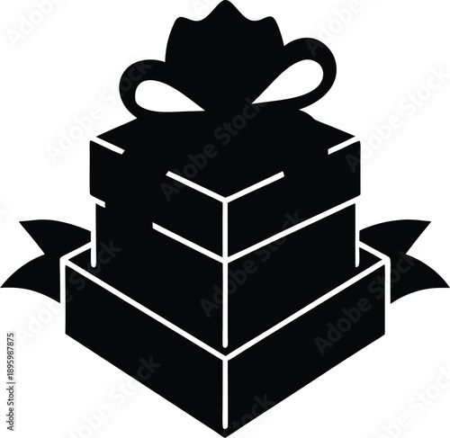 Black silhouette of a stacked gift box with ribbon isolated on transparent background