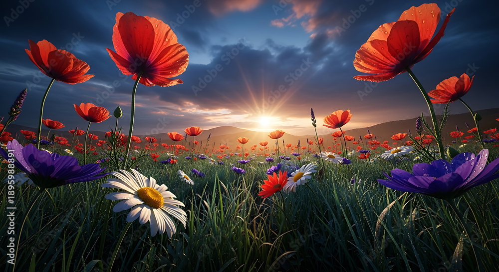 Fototapeta premium Vibrant Poppy Field at Sunset with Dewdrops