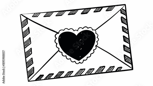 An illustration of an envelope with a heart-shaped seal on a plain white background from a direct viewpoint