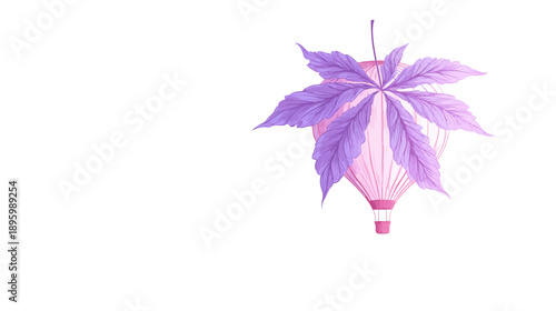 Stylized hot air balloon design, accented with purple leaves on white background