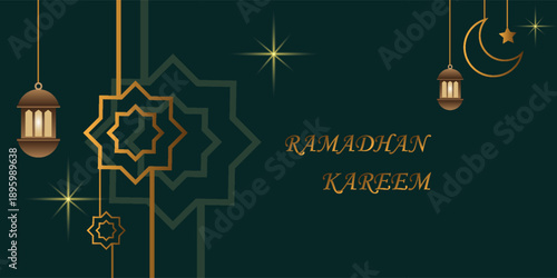 Ramadan Kareem design on green Islamic background with gold ornament star, moon, mosque, lanterns and islamic elements. Suitable for raya and ramadan template concept.