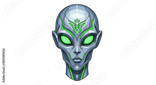 Alien Face with Green Eyes and Markings.