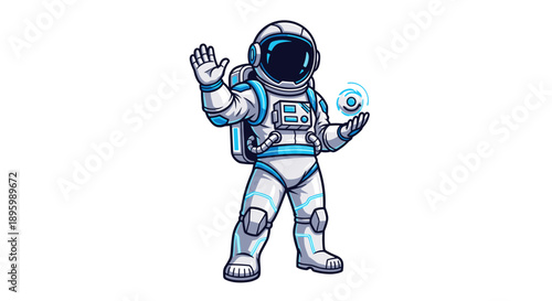 Astronaut in white spacesuit waving hello.