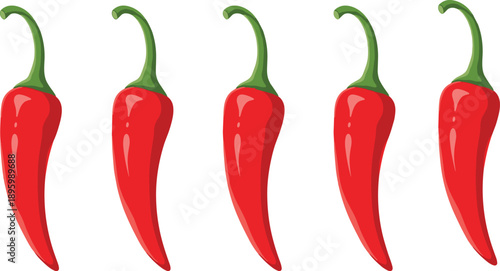 Red chili pepper illustration set showing fresh hot capsicum vegetables, spicy food ingredient concept, isolated on white background, healthy cooking and culinary design elements