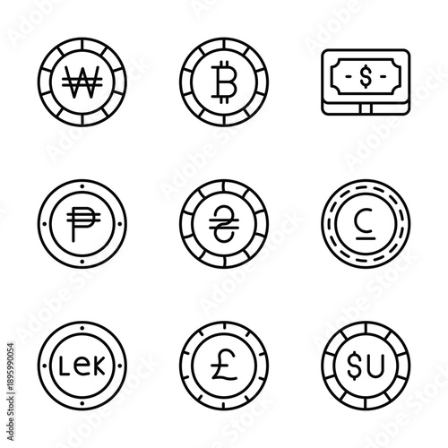 Check out this amazing line style icons set of currency coins in linear style