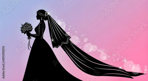 Bride silhouette with flowing veil