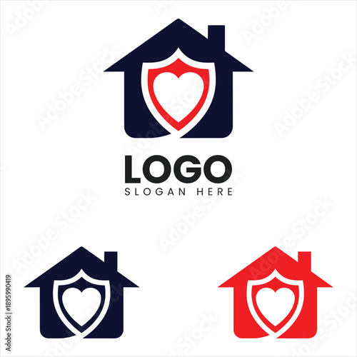 Home Protection Logo Symbol, Flat logo design featuring a house and shield symbol for safety and residential services
