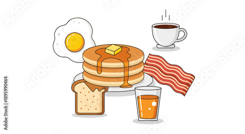 Stack of pancakes with egg and bacon.