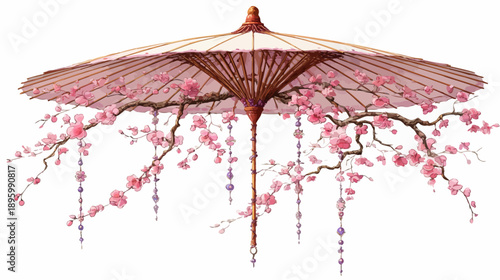 A watercolor-style illustration of a parasol intertwined with cherry blossoms and beaded embellishments