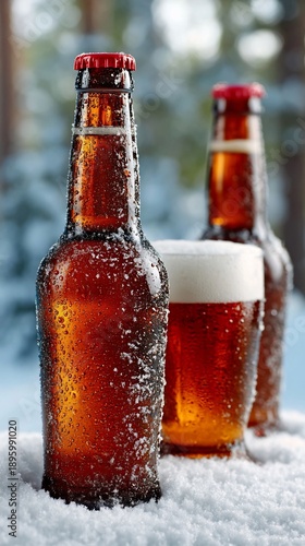 Cold Beer Bottles and Glass in Snowy Winter Scene.