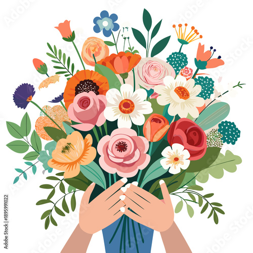 Hands holding flower bouquet. Hands hug bouquet of Flowers. Greeting Card, Banner, Poster. Woman's arms with blooming spring garden flowers and summer wildflowers, peonies, poppies and roses white