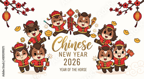Illustration of eight cartoon horses in traditional Chinese attire celebrating Chinese New Year 2020 on a white background with gold coins and decorations.
