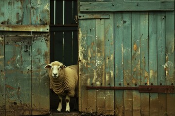 Sheep exiting old barn on farm, representing livestock, farming, and rural life
