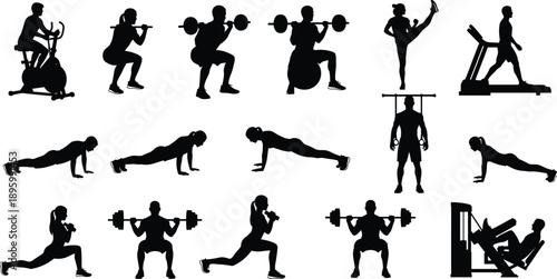 Silhouettes of gym exercises and fitness activities including cardio, strength training, and flexibility workouts on gray background
