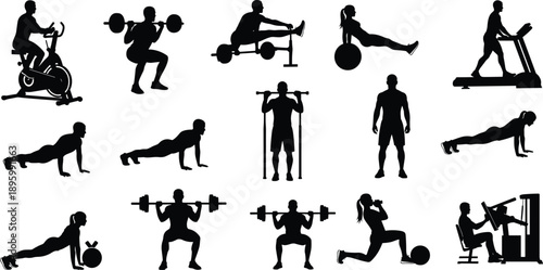 Silhouettes of gym exercises and fitness activities including weightlifting, cardio, stretching, and machine workouts on gray background
