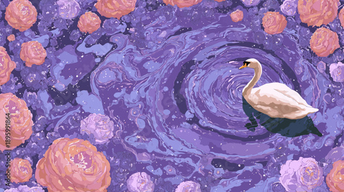 A serene pixel art scene depicts a white swan gliding on a purple swirling lake, framed by stylized roses