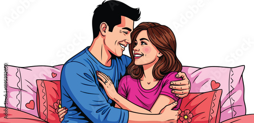 Pop art couple hugging in bedroom romantic vector illustration