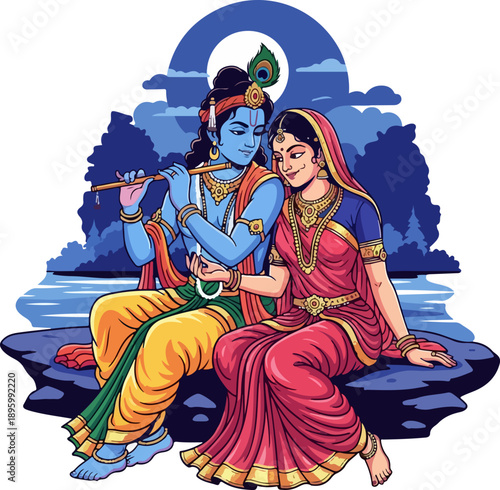 Radha Krishna River Romance – Vibrant Divine Vector Illustration