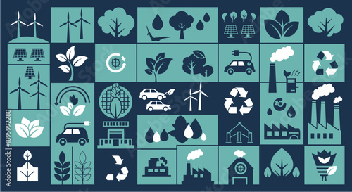 A comprehensive collection of eco-friendly icons representing sustainable energy, environmental protection, and green technology solutions.