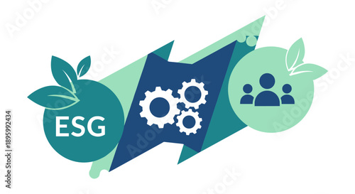 A modern graphic illustration representing Environmental, Social, and Governance (ESG) principles with leaves, gears, and people icons.