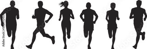 Collection of athletic silhouettes of men and women running in a line demonstrating diverse running forms and body shapes in active motion