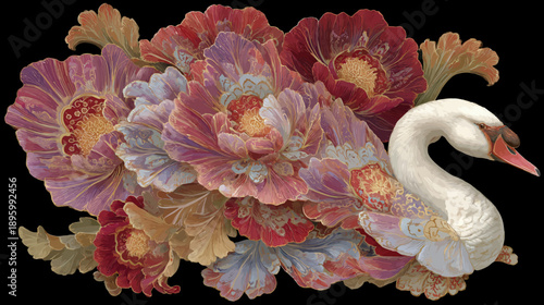 A detailed illustration of a swan amongst a cluster of blooming, richly colored peonies