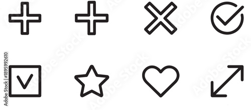 Four distinct universal action icons are displayed in a row featuring a plus sign, an 'X' symbol, a checkmark inside a circle, and a diagonal expand arrow.