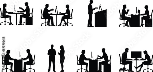 Collection of black silhouette depicting diverse business meeting scenarios and office interactions including discussions and presentations