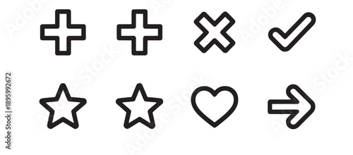 A group of fundamental outline interface icons displaying common actions like plus, cross, checkmark, star, and heart shapes are presented sequentially.