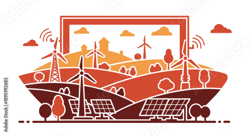 Modern illustration showcasing a sustainable smart city landscape with renewable energy sources like wind turbines and solar panels, reflecting eco-friendly urban development.