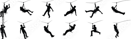 Collection of black silhouettes of people zip-lining in various dynamic poses against a white background showcasing adventure and recreation