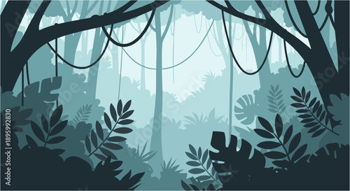 Stylized illustration depicting a dense jungle scene with lush foliage, towering trees, and hanging vines, evoking a mysterious and wild tropical environment.