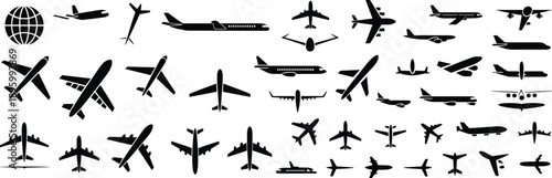Collection of diverse black airplane silhouettes and a globe representing air travel and aviation concepts