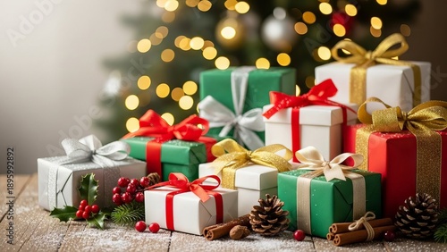 Pile of Christmas Gifts Under Decorated Tree with Bokeh Lights