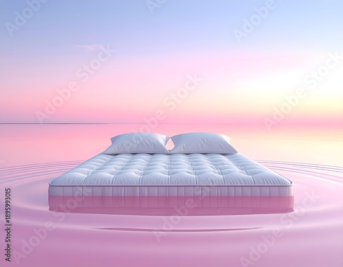 Dreamy White Mattress on Reflective Pink Lake