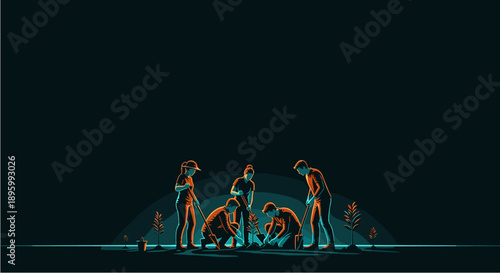 A group of people, illuminated by a soft glow, meticulously working together on a collaborative project in a dark, mysterious setting.