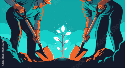 Two individuals diligently work together, using shovels to plant a vibrant, glowing sapling, symbolizing growth, collaboration, and environmental stewardship.