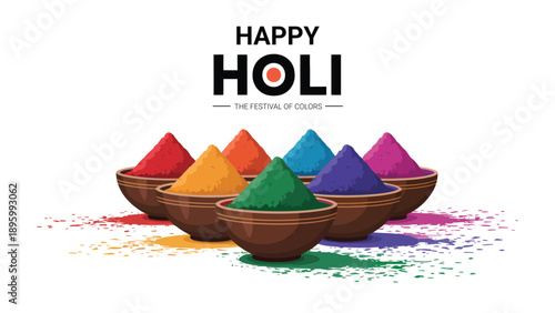 Happy holi festival of colors celebration with traditional bowls of colorful gulal powder arranged on white background for indian cultural greeting design